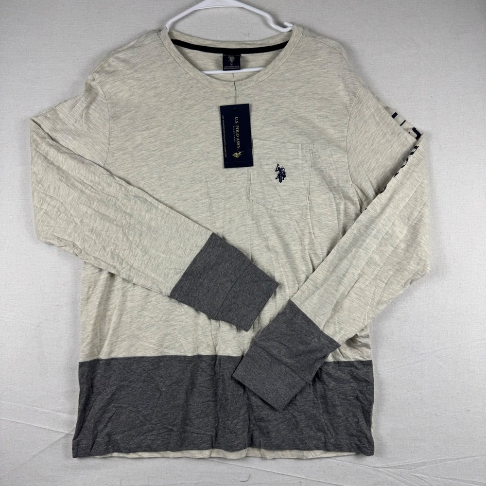 US Polo Assn Mens Long Sleeve Pocket T-Shirt Oatmeal Grey Colorblock 11C89704 M
